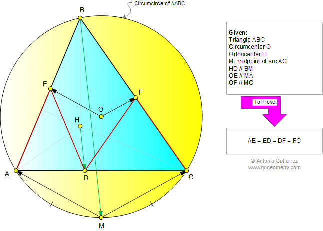Triangle, Circumcenter, Circumcircle, Midpoint of Arc, Orthocenter, Parallel, Congruence