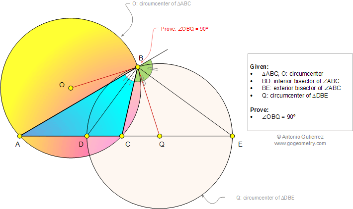 Geometry Problem 1005: Triangle, Circle, Circumcenter, Interior and Exterior Angle Bisector, 90 Degree, Perpendicular