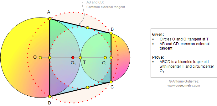 Geometry Problem 1006: Tangent Circles, Common External Tangent, Bicentric Trapezoid, Incenter, Circumcenter