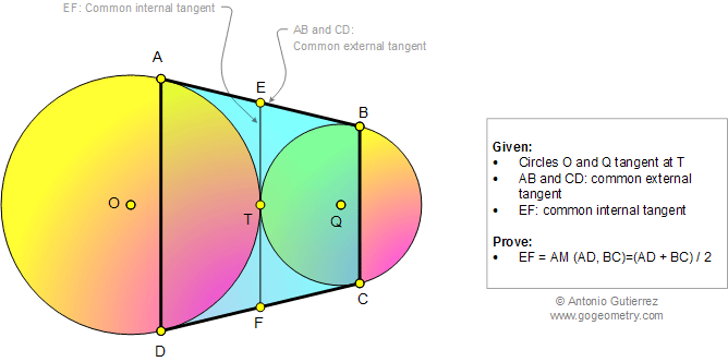 Geometry Problem 1009: Tangent Circles, Common External Tangent, Common Internal Tangent, Arithmetic Mean