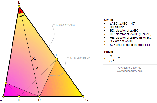Math Geometry Problem 1016. Triangle, 45 Degrees, Area, Triangle, Quadrilateral, Altitude, Bisector