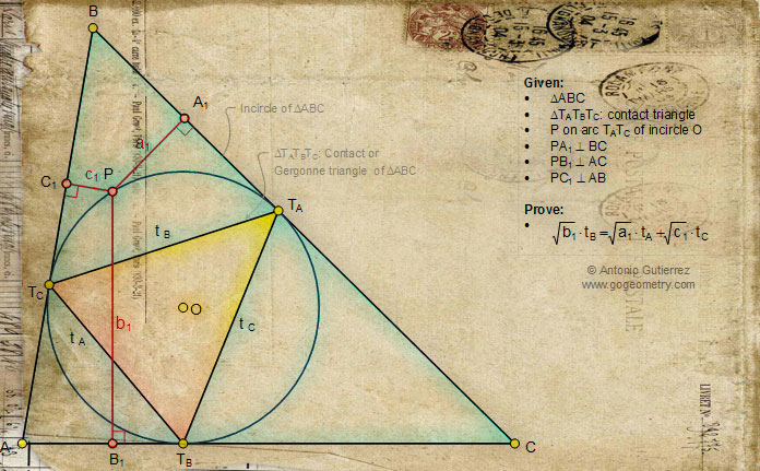 Geometry Problem 1024 Art 01: Contact, Gergonne Triangle, Point on an arc of Incircle, Perpendicular, Distances
