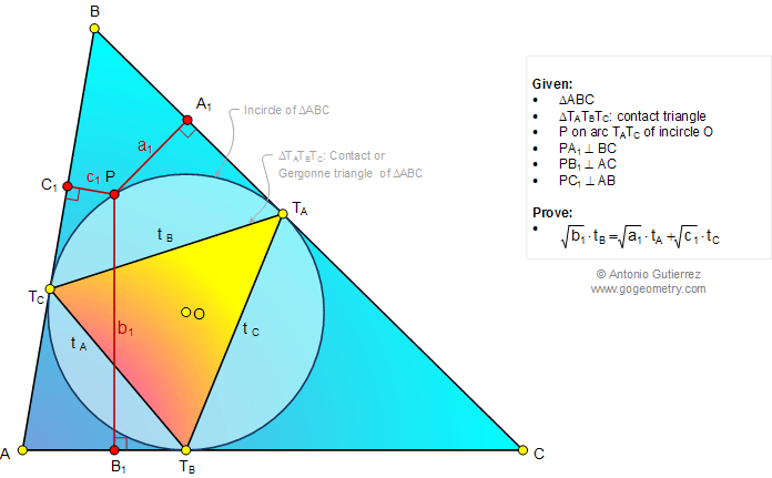 Geometry Problem 1024: Contact, Gergonne Triangle, Point on an arc of Incircle, Perpendicular, Distances