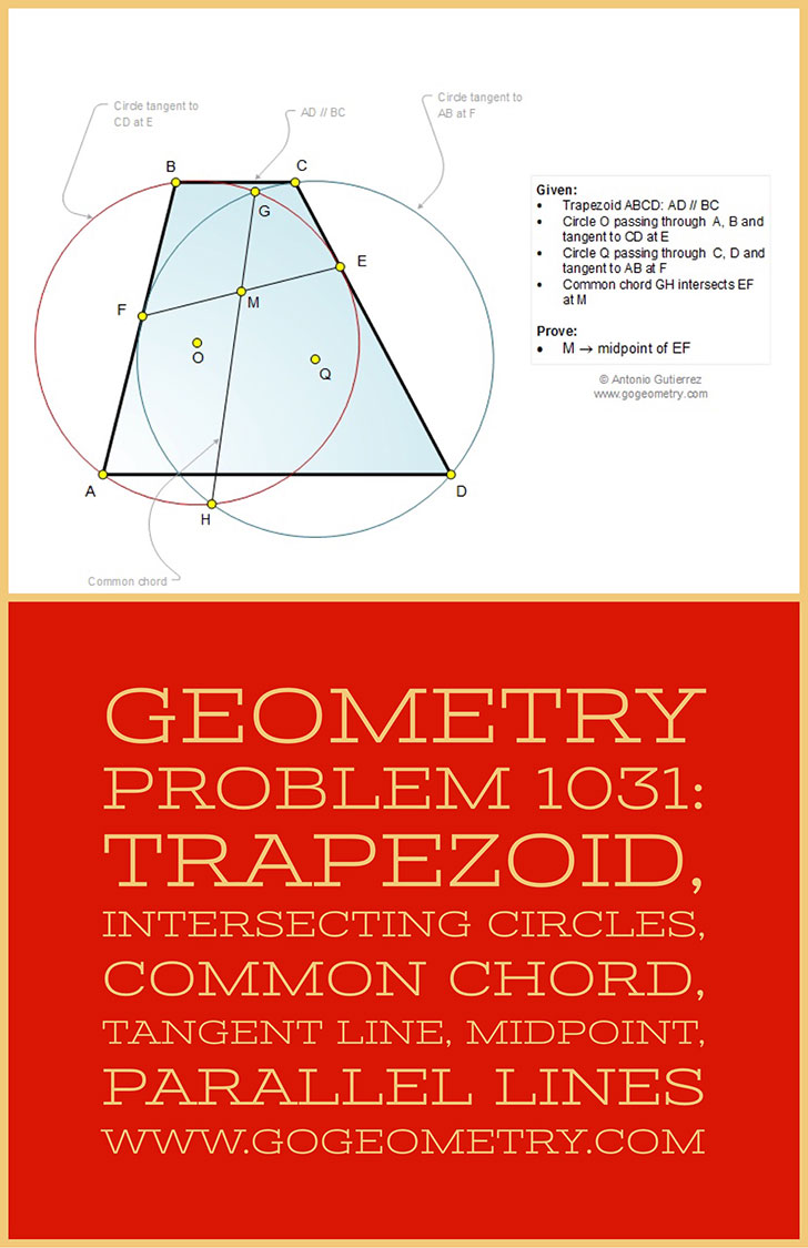 Typography of Geometry Problem 1031: Trapezoid, Intersecting Circles, Common Chord, Tangent Line, Midpoint, Parallel Lines, iPad Apps. Math Infographic, Tutor