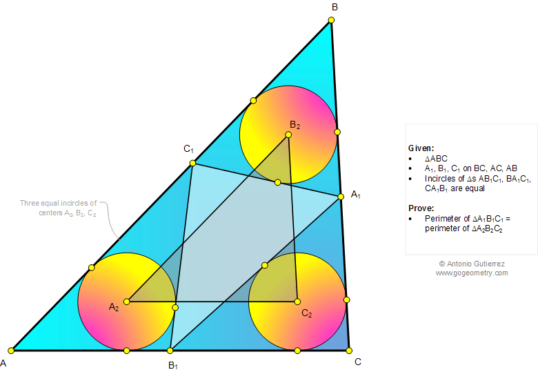 Geometry Problem 1034: Triangle, Three equal Incircles, Tangent lines, Isoperimetric triangles, Equal perimeter