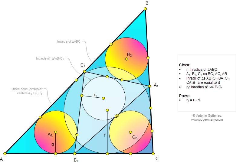 Geometry Problem 1037: Triangle, Three equal Incircles, Tangent lines, Inradius, Length