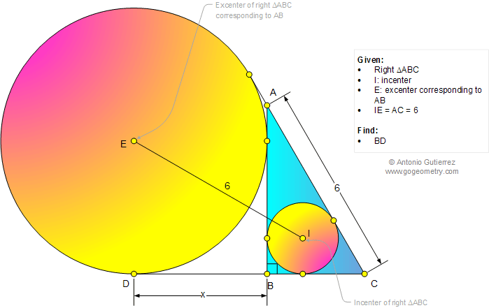 Geometry Problem 1043: Right Triangle, Incenter, Excenter, Congruence, Metric Relations