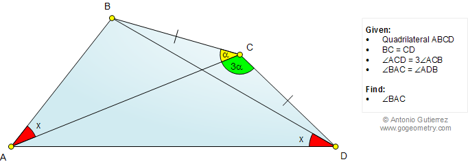 Geometry Problem 1045: Quadrilateral, Diagonal, Triple Angle, Triangle, Congruence