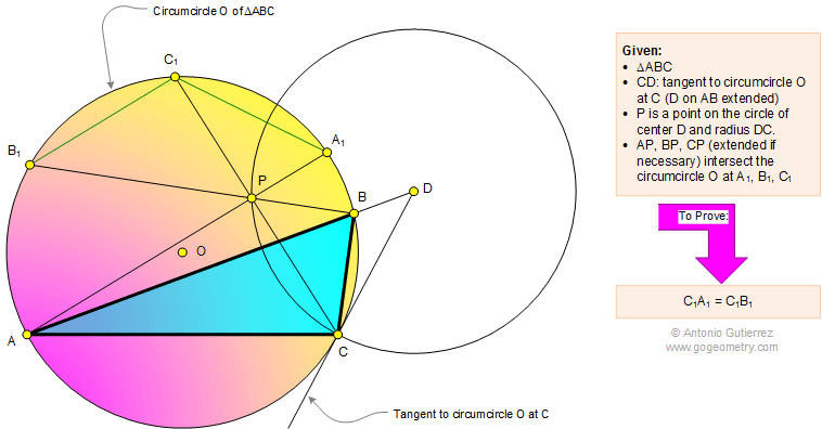 Geometry Problem 1107, Triangle, Circumcircle, Circle, Radius, Tangent, Chord, Congruence