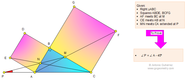 Geometry Problem 1109 Right Triangle, External Squares, Catheti, Cathetus, 45 Degree, Angle