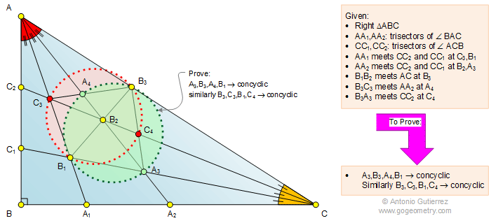 Infographic Geometry Problem 1118: Right Triangle, Angle Trisection, Concyclic Points, Cyclic Quadrilateral