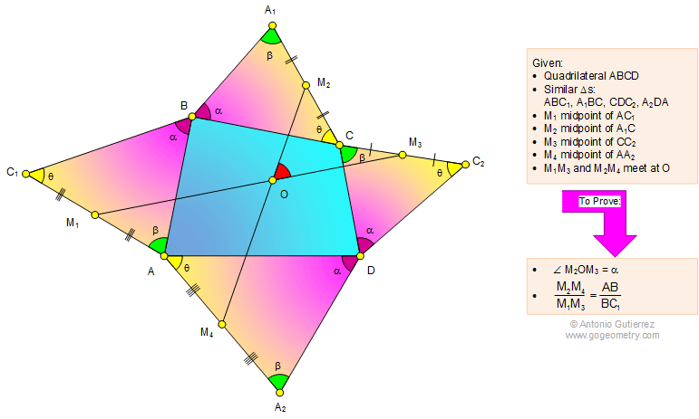 Geometry Problem 1119: Quadrilateral, Similar Triangles, Midpoints, Equal Ratio, Angles