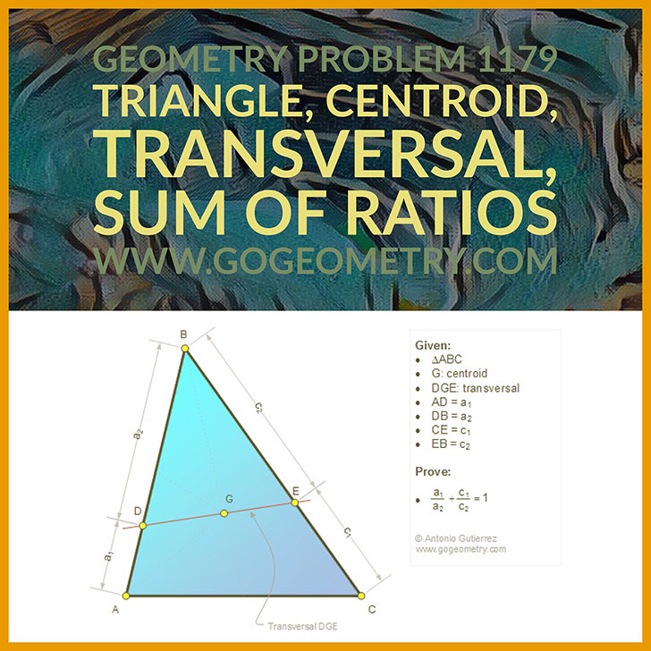 Art and Typography of Geometry Problem 1179: Triangle, Centroid, Transversal, Sum of Ratios, Sides, iPad Apps
