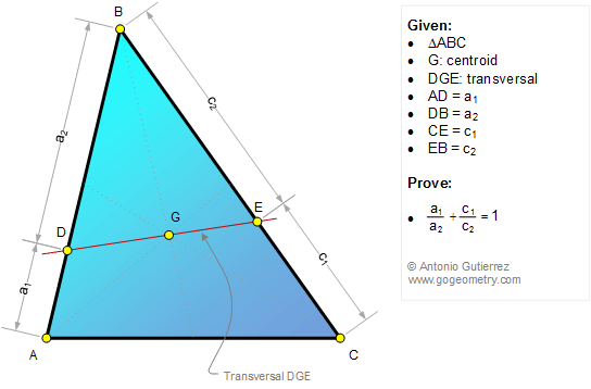 Geometry Problem 1179: Triangle, Centroid, Transversal, Sum of Ratios, Sides