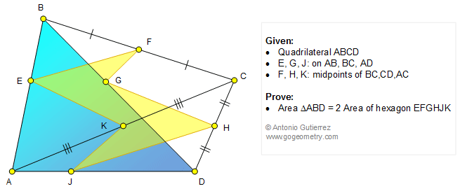 Geometry Problem 1187: Triangle, Quadrilateral, Midpoints, Hexagon Area.