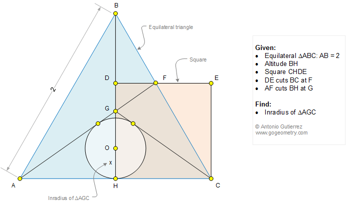 Geometry Problem 1199: Equilateral Triangle, Square, Altitude, Circle, Incircle, Inradius, Metric Relations
