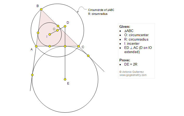 Geometry Problem 1207: Triangle, Circle, Incenter, Circumcenter, Excenter, Circumradius, Perpendicular, 90 Degrees.