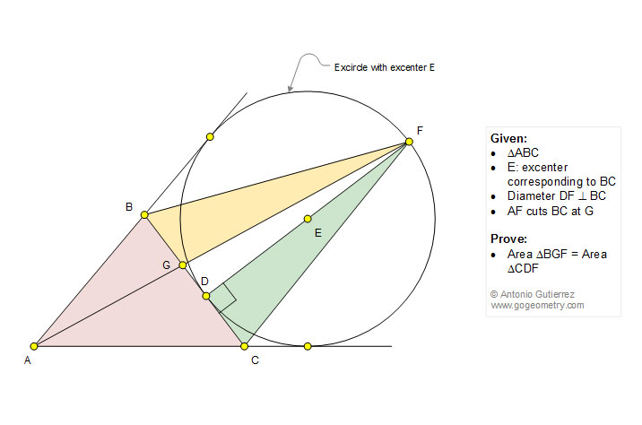 Geometry Problem 1208: Triangle, Circle, Excenter, Diameter, Perpendicular, 90 Degrees, Equal Areas.