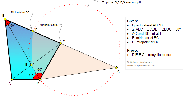 Geometry Problem 1234: Quadrilateral, 60 Degrees, Midpoint, Congruence, Cyclic Quadrilateral, Concyclic Points.