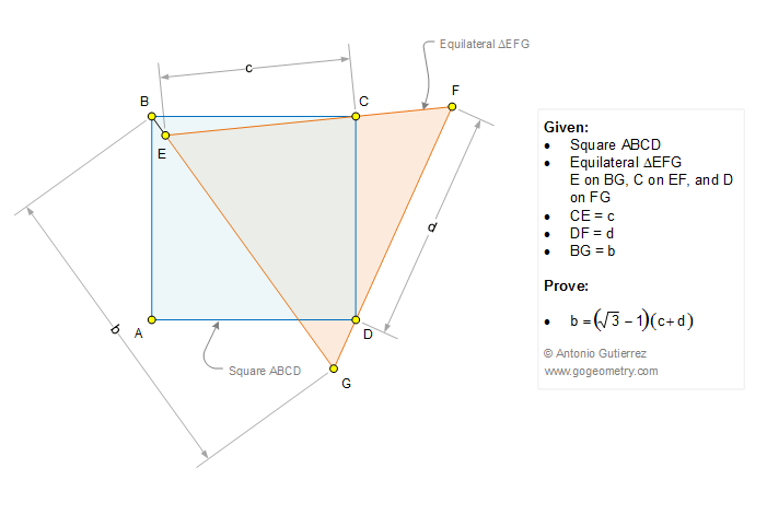 Geometry Problem 1238: Square, Equilateral Triangle, Metric Relations. Mobile Apps.