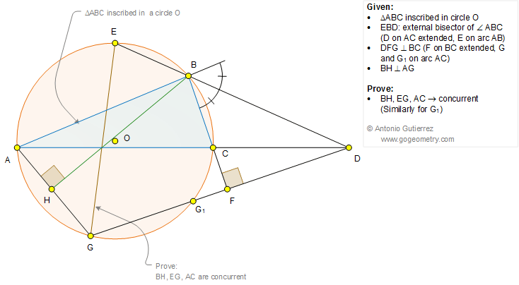 Geometry Problem 1264: Triangle, Exterior Angle Bisector, Circumcircle, Circle, Perpendicular, 90 Degrees, Concurrent Lines