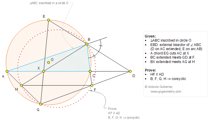 Geometry Problem 1268: Exterior Angle Bisector, Circumcircle, Circle, Chord, Parallel, Concyclic Points, Cyclic Quadrilateral