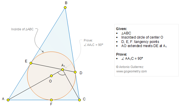 Geometry Problem 1269: Triangle, Incircle, Incenter, Inscribed Circle, Tangency Points, Perpendicular, 90 Degrees, Angle Bisector