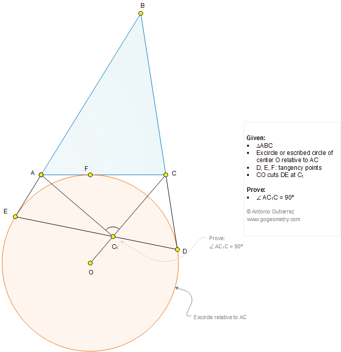 Geometry Problem 1270: Triangle, Excircle, Excenter, Escribed Circle, Tangency Points, Perpendicular, 90 Degrees, Angle Bisector