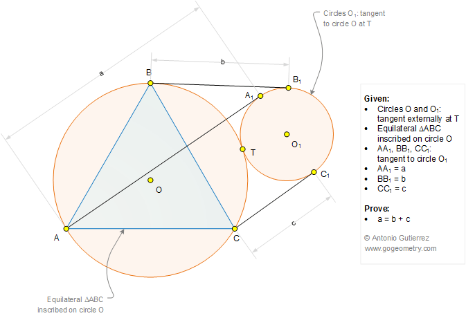 Geometry Problem 1277: Equilateral Triangle, Circumcircle, Externally Tangent Circles, Tangent Line, Measurement