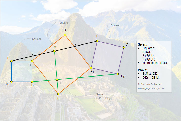Math Infographic, Geometry Problem 1282 Three Squares, Common Vertex, Midpoint, Perpendicular, 90 Degrees. Machu Picchu in the background