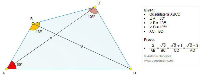 Geometry Problem 1286: Triangle, Quadrilateral, 60, 135, 105 Degree Angles, Congruence, Measurement