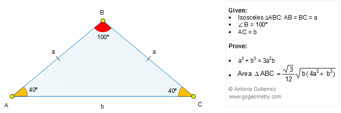 Geometry Problem 1287: Isosceles Triangle, 40-100-40 Degrees, Congruence, Area, Metric Relations, Measurement