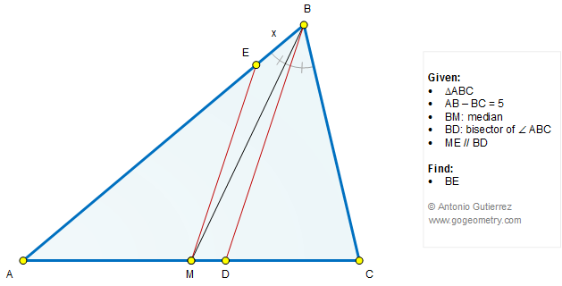 Geometry Problem 1290: Triangle, Internal Angle Bisector, Median, Parallel, Measurement, Metric Relations