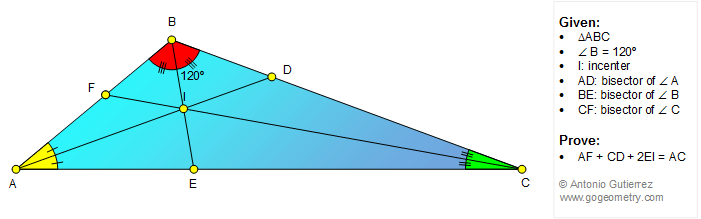 Geometry Problem 1304: Triangle, 120 Degrees, Angle Bisector, Incenter, Measurement