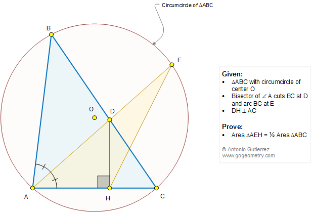 Geometry Problem 1305 Triangle, Circumcircle, Angle Bisector, Arc, Perpendicular, Area
