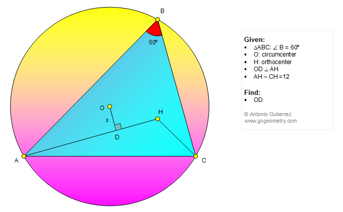 Geometry Problem 1312: Triangle, 60 Degrees, Circle, Circumcenter, Orthocenter, Distance, Perpendicular, Measurement