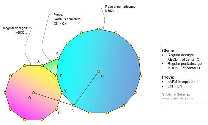 Geometry Problem 1313: Regular Decagon, Pentadecagon, Equilateral Triangle, Congruence