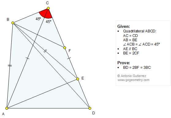 Quadrilateral, Diagonal, 45 Degrees, Angle Bisector, Isosceles Triangle, Congruence