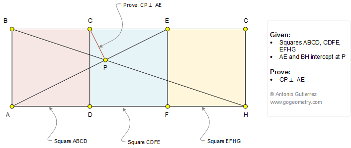 Geometry Problem 1349: Three Squares, 90 Degrees, Perpendicular Lines, Diagonal. Math Infographic