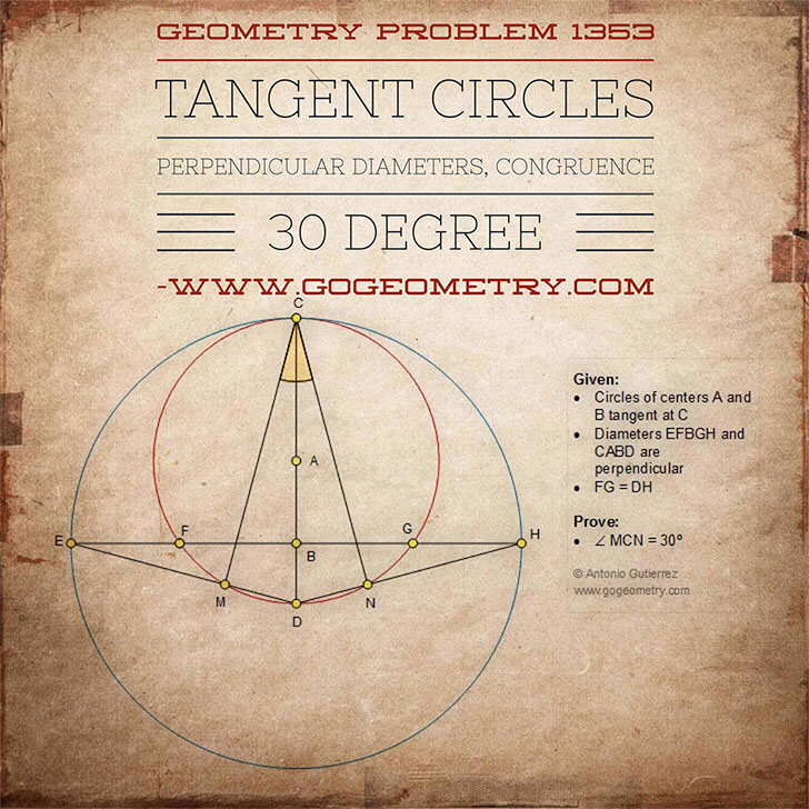 Typography and Sketch of Geometry Problem 1353: Tangent Circles, Perpendicular Diameters, Congruence, 30 Degrees. Math Infographic, Tutor