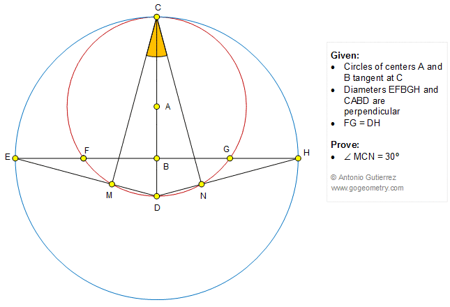 Geometry Problem 1353: Tangent Circles, Perpendicular Diameters, Congruence, 30 Degrees. Math Infographic, Tutor