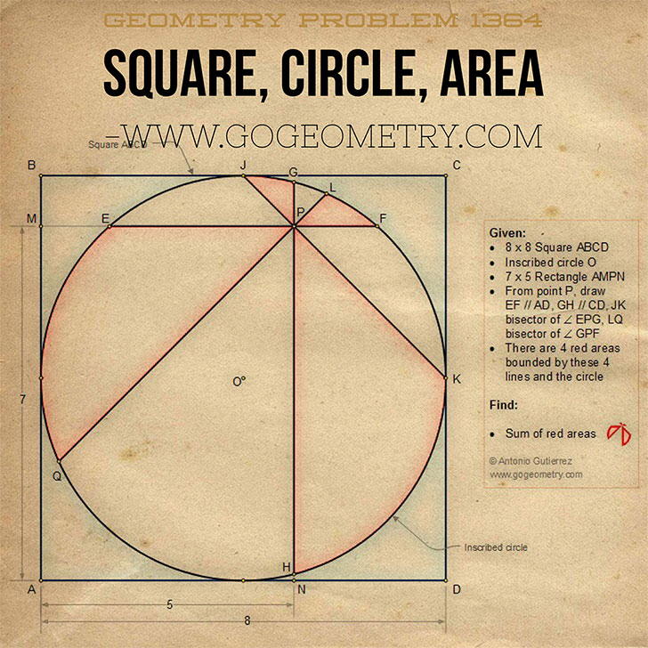 Sketch and typography of Geometry Problem 1364, Square, Inscribed Circle, Area, Angle Bisector, Perpendicular, 45 Degrees using iPad Apps, Tutor