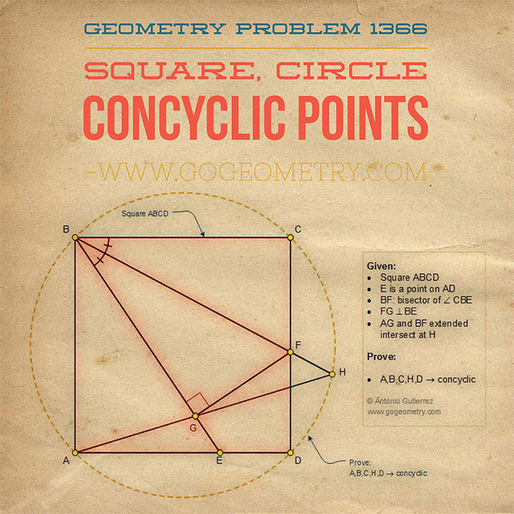 Sketch and typography of Geometry Problem 1366 using iPad Apps, Tutor, Square, Angle Bisector, Perpendicular, Concyclic Points, Circle