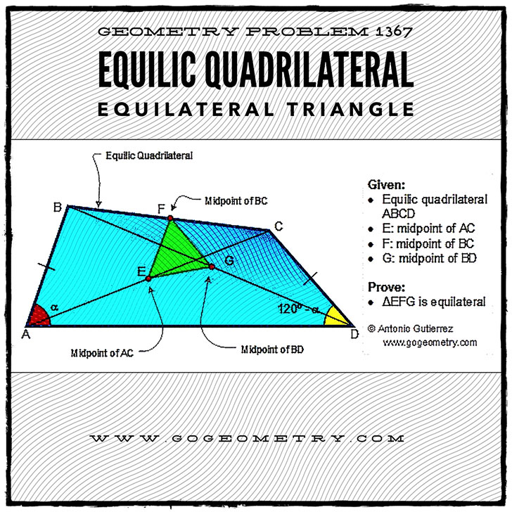 Etching and Typography of Geometry Problem 1367: Equilic Quadrilateral, 120 Degrees, iPad Apps, Software. Math Infographic, Tutor