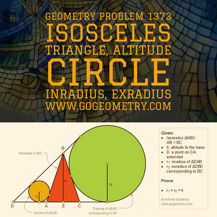 Typography of Geometry Problem 1373: Isosceles Triangle, Exterior Cevian, Inradius, Exradius, Altitude, iPad Apps. Math Infographic, Tutor