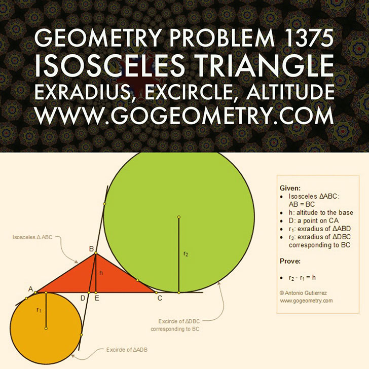 Typography of Geometry Problem 1375: Isosceles Triangle, Interior Cevian, Exradius, Excircle, Altitude to the Base, iPad Apps. Math Infographic, Tutor