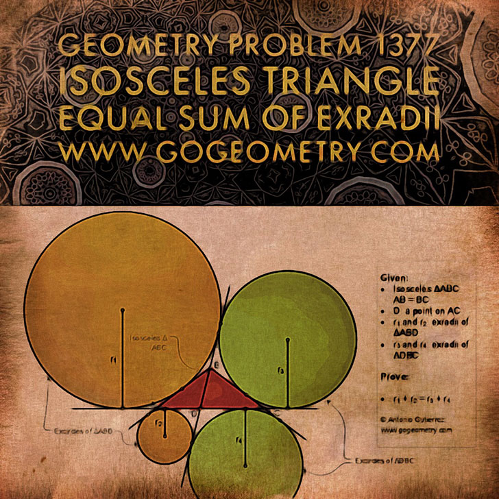 Sacred Geometry Art of Problem 1377: Isosceles Triangle, Interior Cevian, Equal Sum of Exradii, Excircle, iPad Apps, iPad Apps