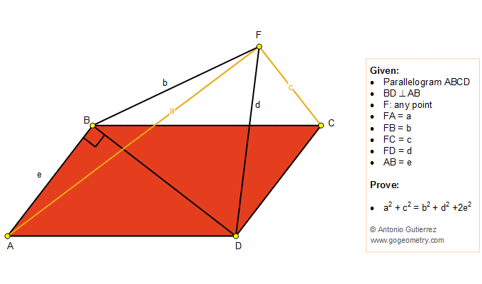 Geometry Problem 1378: Parallelogram, Diagonal perpendicular to a side, Distances from a Point to Vertices, Measurement