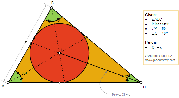 Geometry Problem 1388: Triangle 40-60-80 degree, Incenter, Congruence