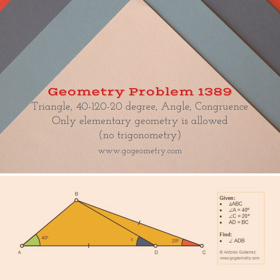 Poster of Geometry Problem 1389: Triangle, 40-120-20 degree, Angle, Congruence using iPad Apps, Software. Math Infographic, Tutor